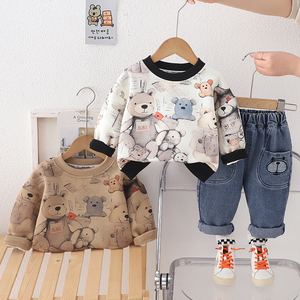 Boys O-Neck Cartoon Bear Long-sleeved Jeans Two-piece Set Children’s Fashion Suit Cool Handsome   Set
